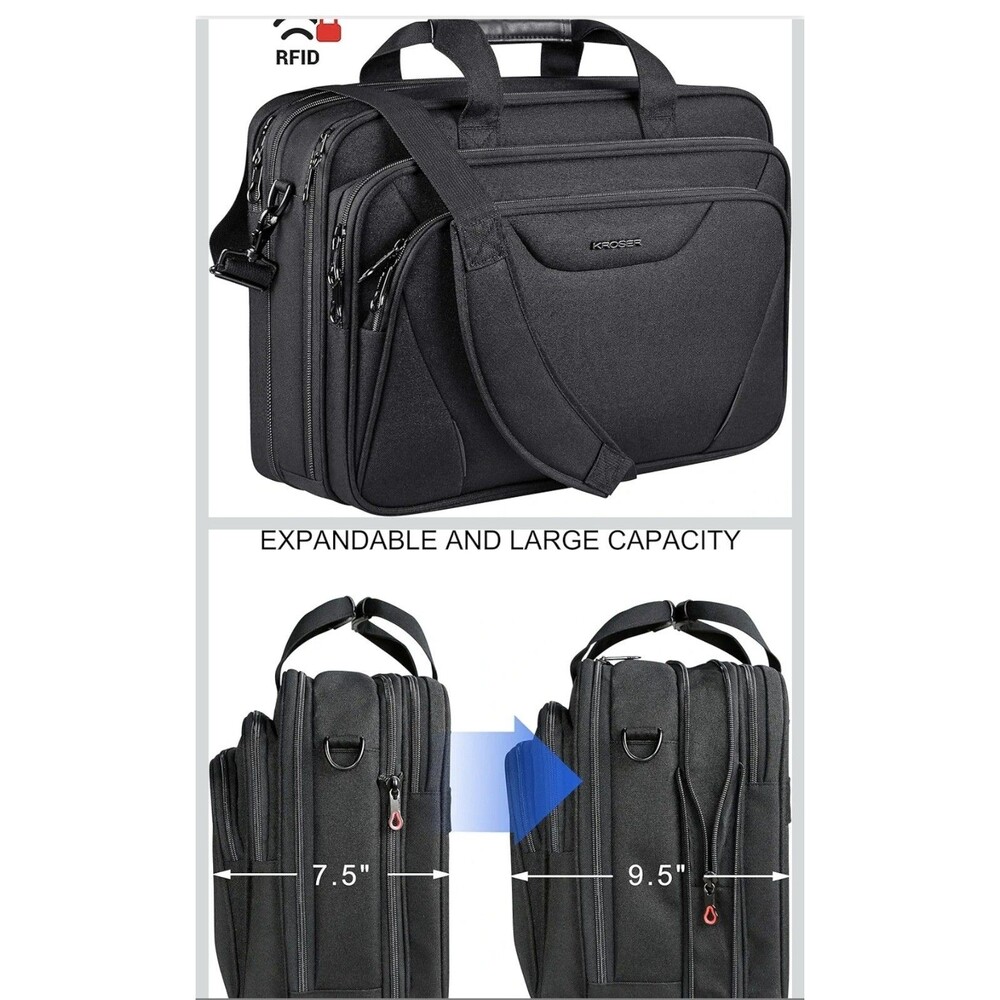 KROSER 18" Laptop Bag Expandable Laptop Briefcase RFID NEW ALL BLACK BAGS BIN - Picture 2 of 12